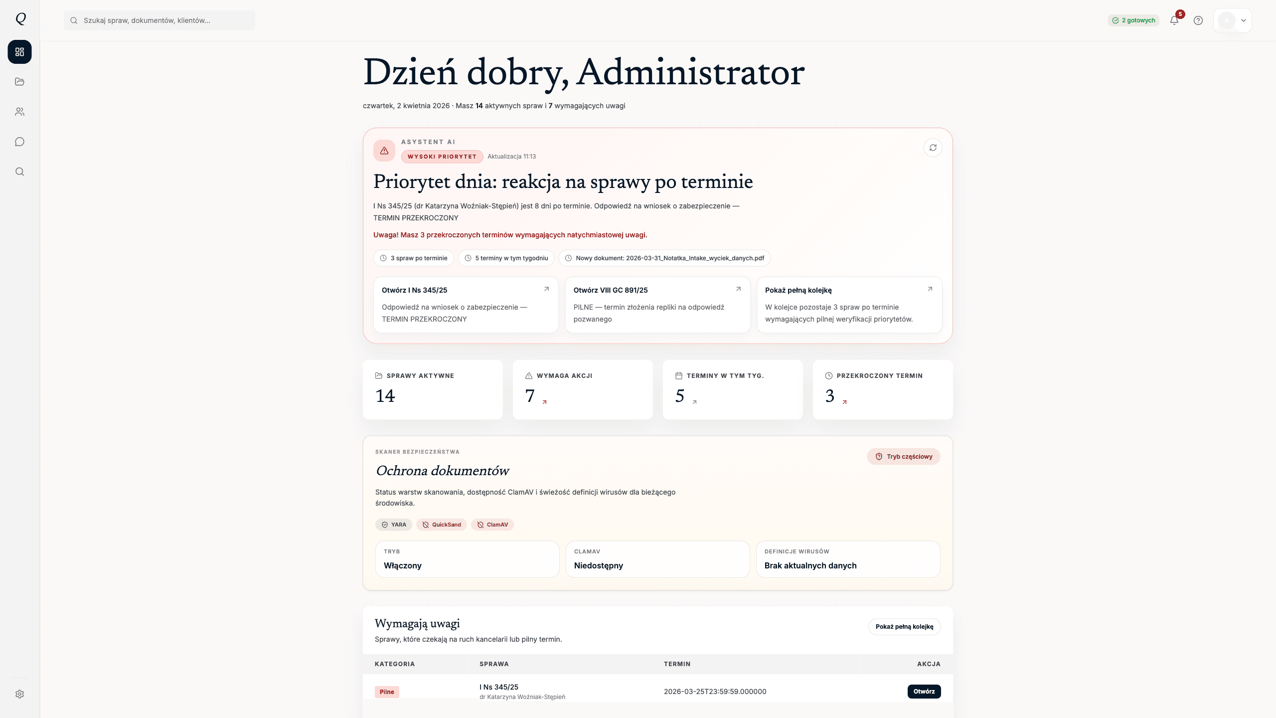 Quevor dashboard showing AI briefing and case management overview